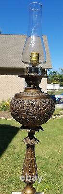 32 Antique c1870 Converted ELECTRIC VICTORIAN OIL LAMP MARBLEORNATEIRONTALL