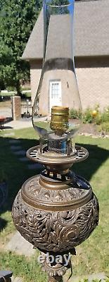 32 Antique c1870 Converted ELECTRIC VICTORIAN OIL LAMP MARBLEORNATEIRONTALL