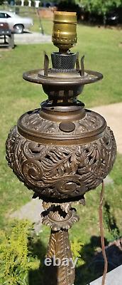 32 Antique c1870 Converted ELECTRIC VICTORIAN OIL LAMP MARBLEORNATEIRONTALL