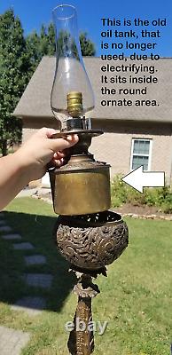 32 Antique c1870 Converted ELECTRIC VICTORIAN OIL LAMP MARBLEORNATEIRONTALL