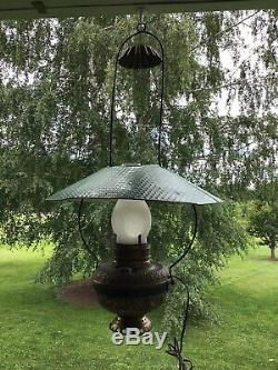34 Antique Hanging farm house store Electric Oil Lamp with Green Tin Shade