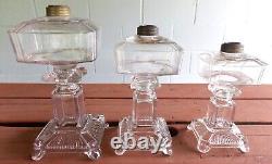 (3) Antique RIPLEY & Adams HOLLOW STEM Kerosene or Oil Glass Square Stand Lamps