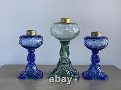 3 BULLSEYE FINE DETAIL Glass Oil Lamps Blue Green Electric Antique Reproductions