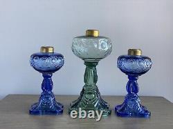 3 BULLSEYE FINE DETAIL Glass Oil Lamps Blue Green Electric Antique Reproductions
