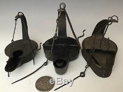 (3) Primitive Antique Wrought Iron Betty Crusie Whale Oil Grease Lamps, 19thC