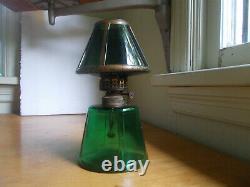 ANTIQUE 1880s GREEN MINIATURE KEROSENE OIL LAMP WITH ORIGINAL MATCHING SHADE