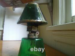 ANTIQUE 1880s GREEN MINIATURE KEROSENE OIL LAMP WITH ORIGINAL MATCHING SHADE