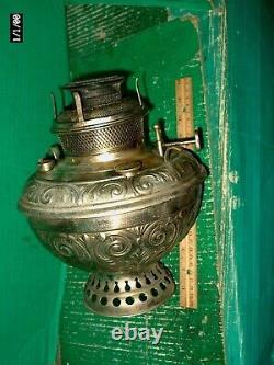 ANTIQUE 1888 HUGE BRADLEY & HUBBARD NICKEL KEROSEAN OIL LAMP With WICK & SPREADER