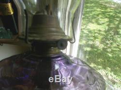 ANTIQUE 1890s BEAUTIFUL AMETHYST GLASS PRINCESS FEATHER OIL LAMP COMPLETE NICE