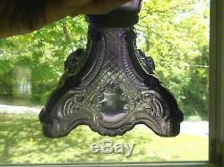 ANTIQUE 1890s BEAUTIFUL AMETHYST GLASS PRINCESS FEATHER OIL LAMP COMPLETE NICE