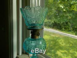 ANTIQUE 1890s BLUE STARS & BARS MINI OIL LAMP COMPLETE WithSHADE & ACORN BURNER