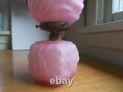 ANTIQUE 1890s PINK CASED GLASS DRAPE MINIATURE OIL LAMP WITH ORIGINAL PINK SHADE