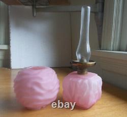 ANTIQUE 1890s PINK CASED GLASS DRAPE MINIATURE OIL LAMP WITH ORIGINAL PINK SHADE