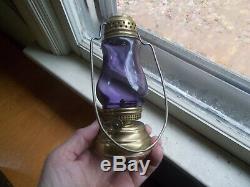 ANTIQUE 1890s SOLID BRASS SKATER'S LANTERN WITH AMETHYST GLASS GLOBE KID'S LAMP