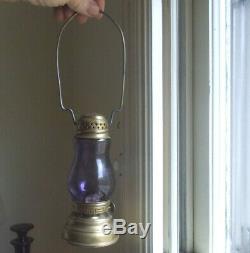 ANTIQUE 1890s SOLID BRASS SKATER'S LANTERN WITH AMETHYST GLASS GLOBE KID'S LAMP