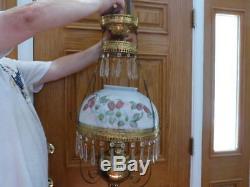 ANTIQUE 1890s Victorian RAYO Pull Down Hanging Oil Libray Lamp Stawberries 30