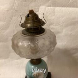 ANTIQUE 19th CENTURY 1800's OIL LAMP WITH HAND PAINTED MILK GLASS BASE 13