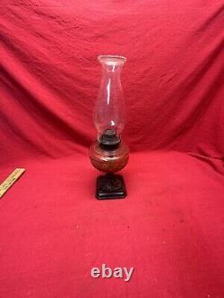 ANTIQUE 19th CENTURY PRESSED ORANGE GLASS OIL LAMP ORNATE METAL BASE