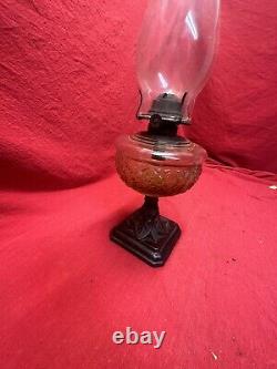 ANTIQUE 19th CENTURY PRESSED ORANGE GLASS OIL LAMP ORNATE METAL BASE