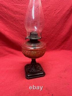 ANTIQUE 19th CENTURY PRESSED ORANGE GLASS OIL LAMP ORNATE METAL BASE