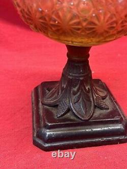 ANTIQUE 19th CENTURY PRESSED ORANGE GLASS OIL LAMP ORNATE METAL BASE