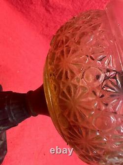 ANTIQUE 19th CENTURY PRESSED ORANGE GLASS OIL LAMP ORNATE METAL BASE