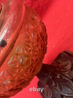 ANTIQUE 19th CENTURY PRESSED ORANGE GLASS OIL LAMP ORNATE METAL BASE