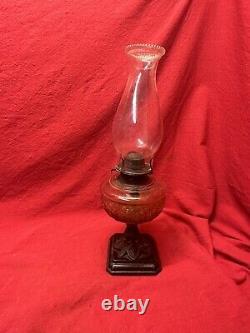 ANTIQUE 19th CENTURY PRESSED ORANGE GLASS OIL LAMP ORNATE METAL BASE