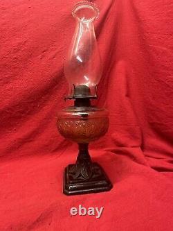 ANTIQUE 19th CENTURY PRESSED ORANGE GLASS OIL LAMP ORNATE METAL BASE