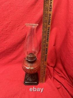 ANTIQUE 19th CENTURY PRESSED ORANGE GLASS OIL LAMP ORNATE METAL BASE