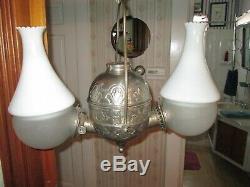 ANTIQUE ANGLE Lamp Co. N. Y. HANGING BRASS TWO SIDED OIL LAMP With Shades