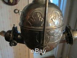 ANTIQUE ANGLE Lamp Co. N. Y. HANGING BRASS TWO SIDED OIL LAMP With Shades