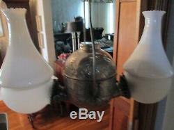 ANTIQUE ANGLE Lamp Co. N. Y. HANGING BRASS TWO SIDED OIL LAMP With Shades
