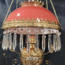 ANTIQUE ANSONIA HANGING OIL LAMP RASPBERRY OVERLAY SHADE WithPRISMS
