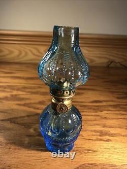 ANTIQUE AQUA BLUE GLASS MINIATURE OIL LAMP DOT LOOP RIBBED SMITH 1 Fig 467