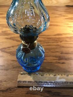 ANTIQUE AQUA BLUE GLASS MINIATURE OIL LAMP DOT LOOP RIBBED SMITH 1 Fig 467