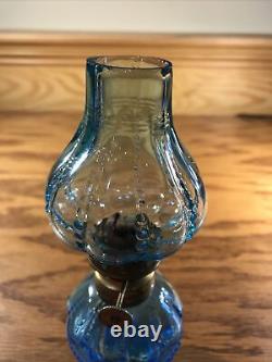 ANTIQUE AQUA BLUE GLASS MINIATURE OIL LAMP DOT LOOP RIBBED SMITH 1 Fig 467