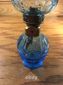 ANTIQUE AQUA BLUE GLASS MINIATURE OIL LAMP DOT LOOP RIBBED SMITH 1 Fig 467