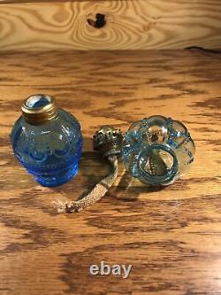 ANTIQUE AQUA BLUE GLASS MINIATURE OIL LAMP DOT LOOP RIBBED SMITH 1 Fig 467