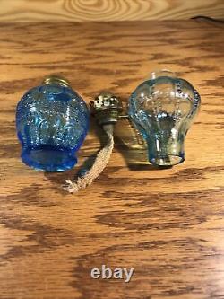 ANTIQUE AQUA BLUE GLASS MINIATURE OIL LAMP DOT LOOP RIBBED SMITH 1 Fig 467