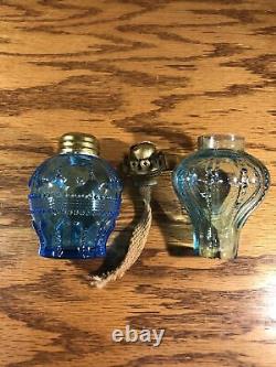 ANTIQUE AQUA BLUE GLASS MINIATURE OIL LAMP DOT LOOP RIBBED SMITH 1 Fig 467
