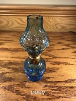 ANTIQUE AQUA BLUE GLASS MINIATURE OIL LAMP DOT LOOP RIBBED SMITH 1 Fig 467