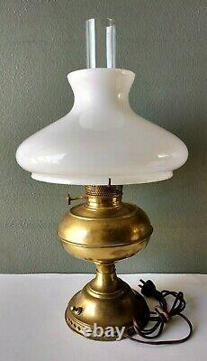 ANTIQUE BRASS CONVERTED OIL LAMP with CHIMNEY AND MILK GLASS SHADE