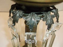 ANTIQUE BRASS OIL LAMP with Crystal Prisms Cut Glass & Marble Base
