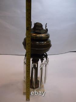 ANTIQUE BRASS OIL LAMP with Crystal Prisms Cut Glass & Marble Base