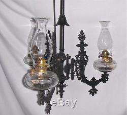 ANTIQUE CAST IRON CHANDELIER Victorian Aesthetic 3 Arm with Oil Lamps Complete