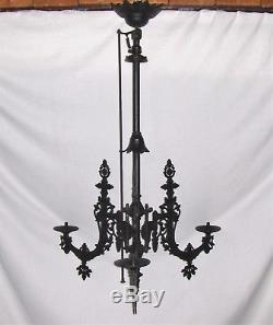 ANTIQUE CAST IRON CHANDELIER Victorian Aesthetic 3 Arm with Oil Lamps Complete