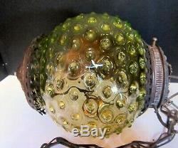 ANTIQUE CIRCA 1880s YELLOW HOBNAIL VASELINE GLASS HANGING OIL LAMP PULLEY