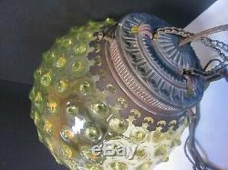 ANTIQUE CIRCA 1880s YELLOW HOBNAIL VASELINE GLASS HANGING OIL LAMP PULLEY