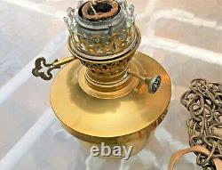 ANTIQUE CIR. 1890's GOLDBRENNER HANGING BRASS OIL LAMP with MILK GLASS SHADE